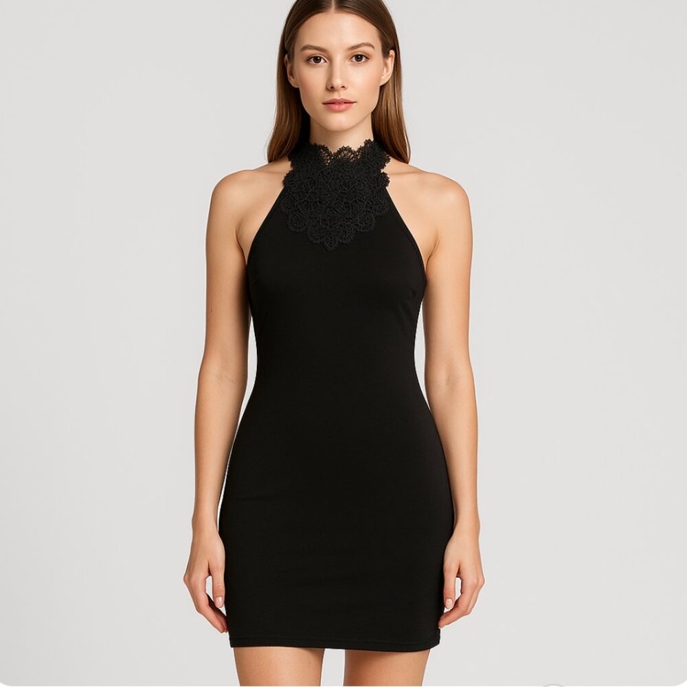 Black Lace Halter Mini Dress Size Small Fairy Grunge Gothic Bodycon Witchy Party